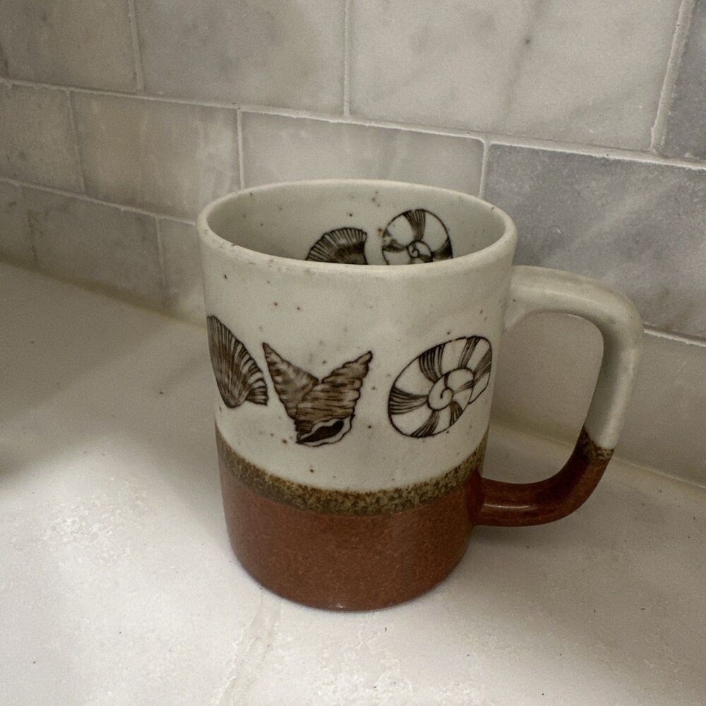 Vintage Otagiri Speckled Stoneware Coffee Mug Tea Cup Seashells Beach Ocean